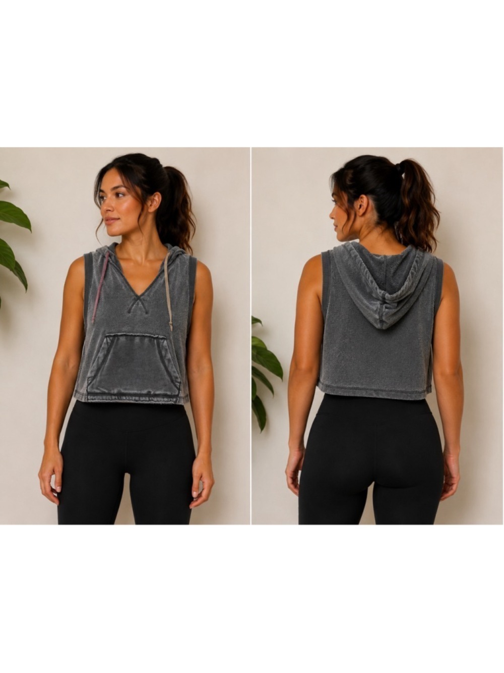 Free People Gray Sleeveless Hooded Crop Tank with Multicolor Drawcords